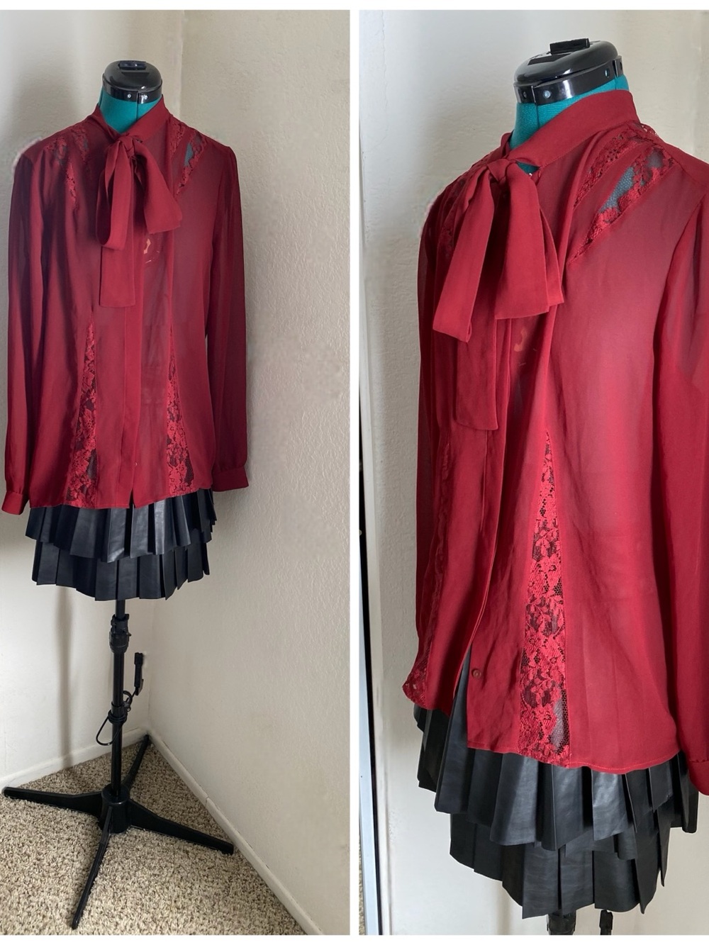 Moda International Burgundy Tie-Neck Chiffon Lace Blouse L